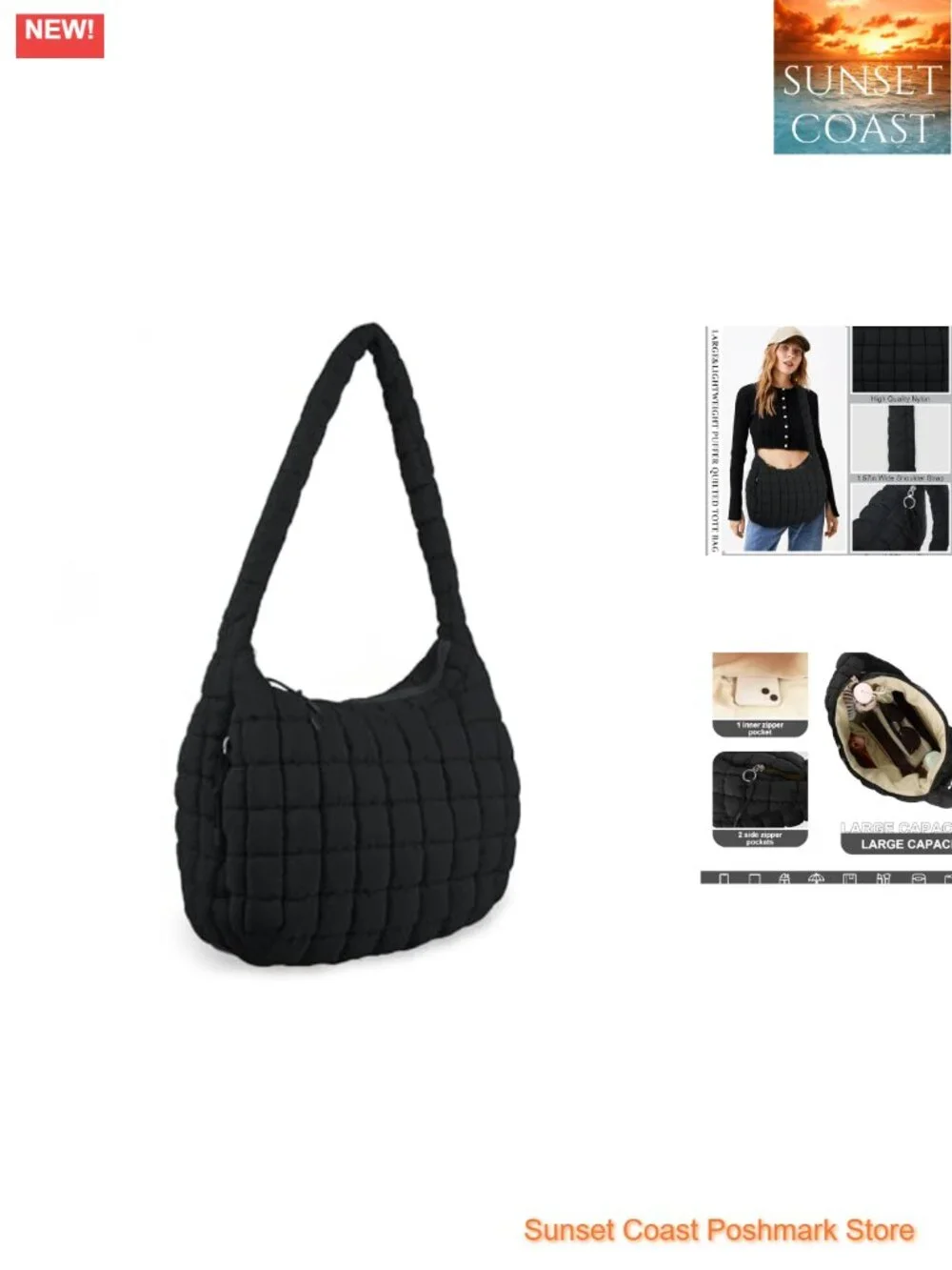 Quilted Puffer Tote Bag Crossbody Shoulder Hobo Nylon Lightweight Large